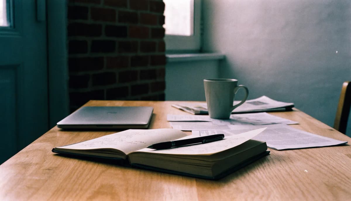 A worked-in oak desk: an open notebook and pen, a closed laptop, annotated printouts and a mug of tea.