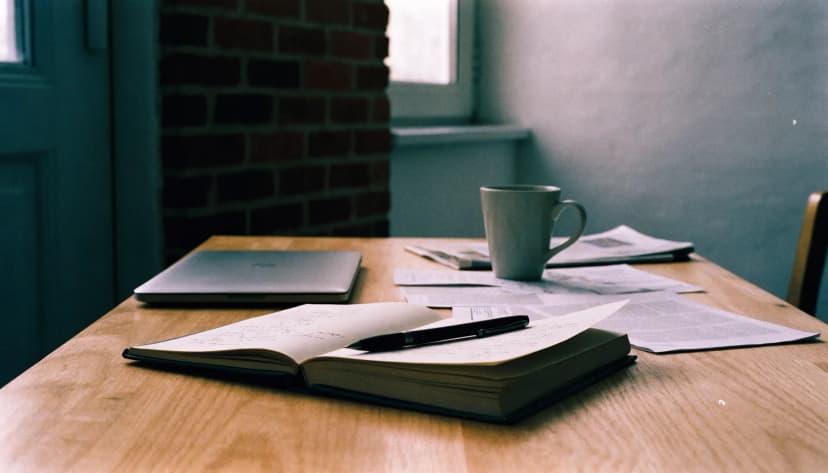 A worked-in oak desk: an open notebook and pen, a closed laptop, annotated printouts and a mug of tea.