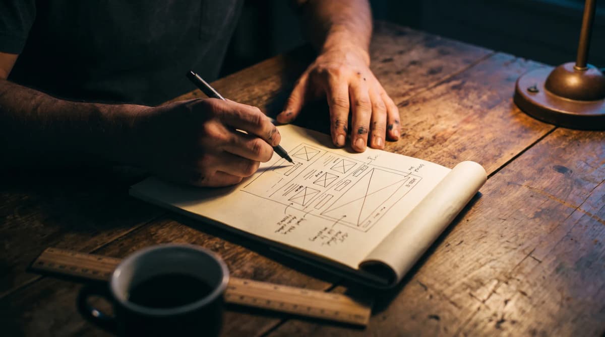 Hands sketching a homepage wireframe in a notebook under a brass desk lamp, a ruler and a mug of coffee beside it.