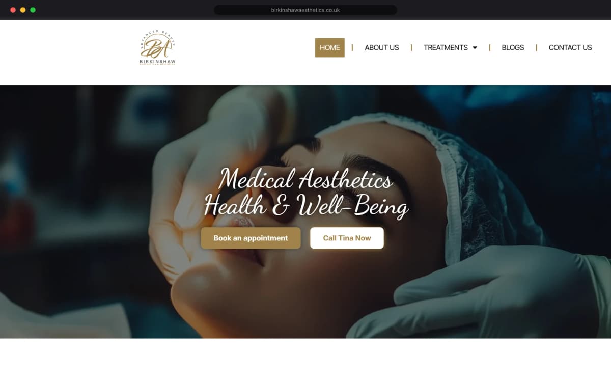 The Birkinshaw Aesthetics homepage: the line 'Medical aesthetics, health and well-being' over a photograph of a gloved practitioner treating a client in the clinic, with a booking button