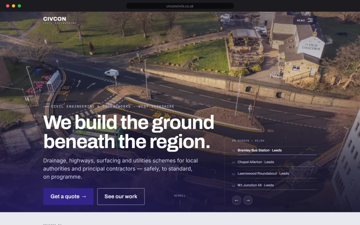 The redesigned Civcon homepage: an aerial of a Leeds roundabout scheme under the headline 'We build the ground beneath the region'