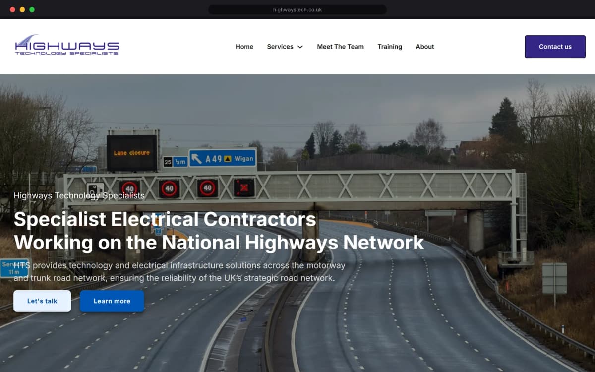 The Highways Technology Specialists homepage: 'Specialist electrical contractors working on the National Highways network' over a photograph of a smart-motorway gantry showing a lane closure and 40mph limits