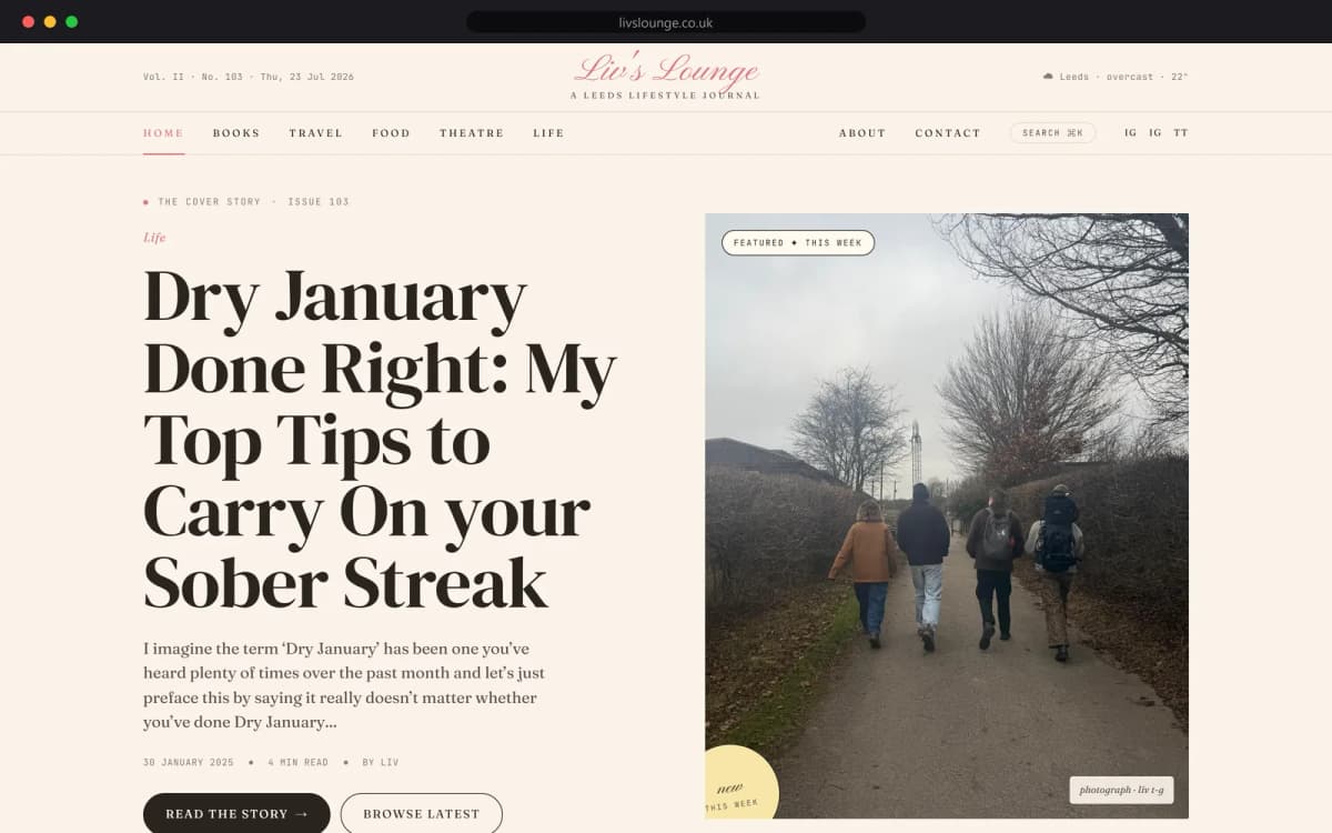 The Liv's Lounge homepage, laid out like a magazine: the cover story 'Dry January Done Right' beside a photograph of four friends walking a winter lane