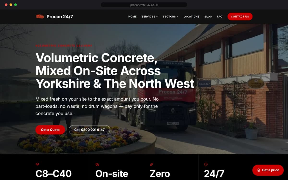 The Procon 24/7 homepage, rebuilt on Astro: 'Volumetric concrete, mixed on-site across Yorkshire and the North West' over a photograph of a red Procon mixer on a job