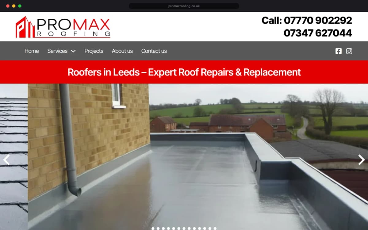 The ProMax Roofing homepage: a red banner reading 'Roofers in Leeds, expert roof repairs and replacement' above a photograph of a finished grey flat roof looking out over fields