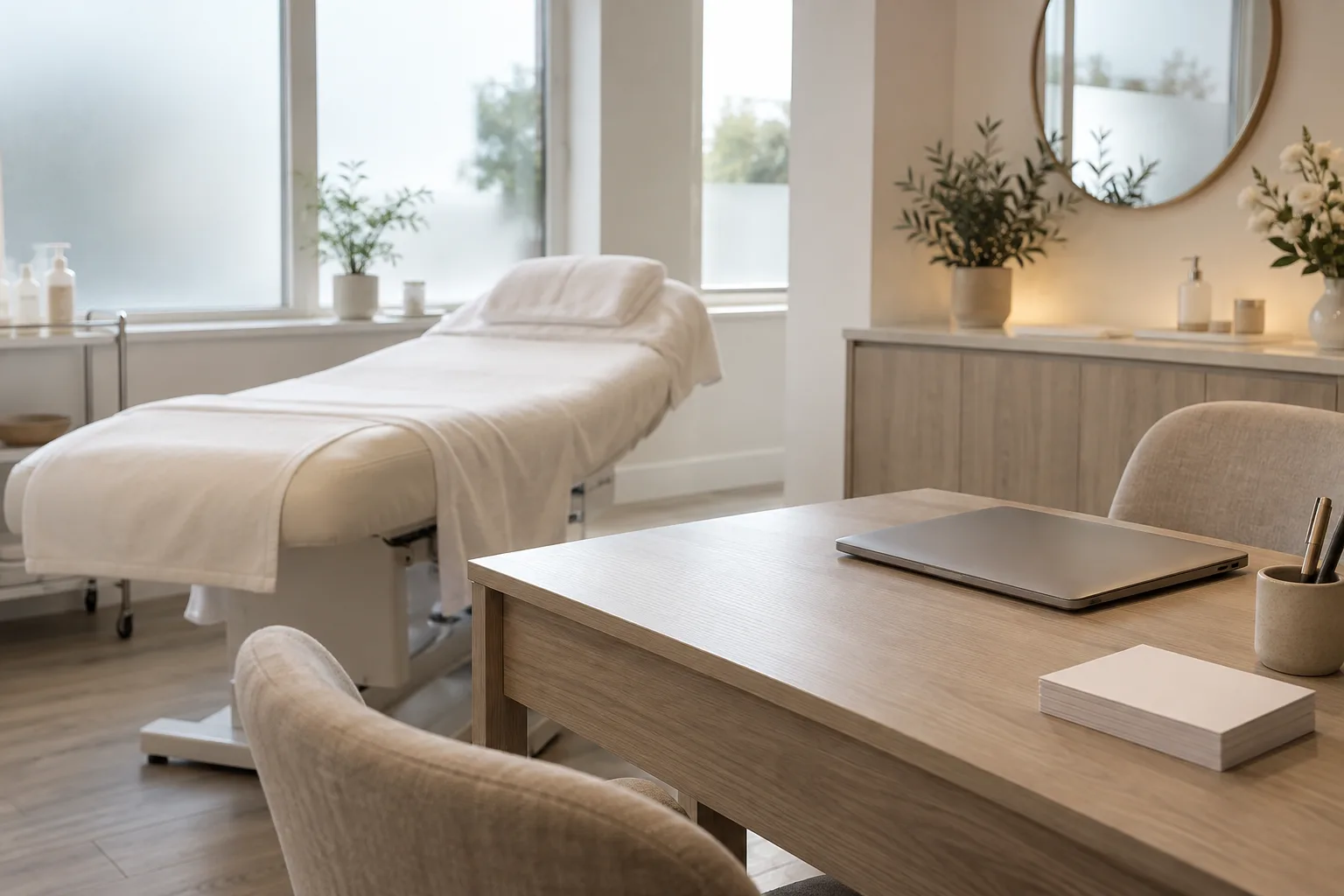 A calm, bright aesthetics clinic treatment room with a treatment couch and a small consultation desk.
