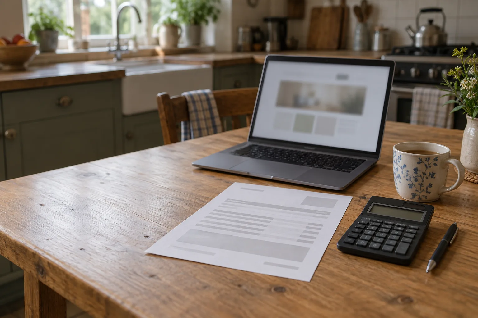 A kitchen table with a paper quote, a calculator, a pen and a laptop, set up for comparing website costs.