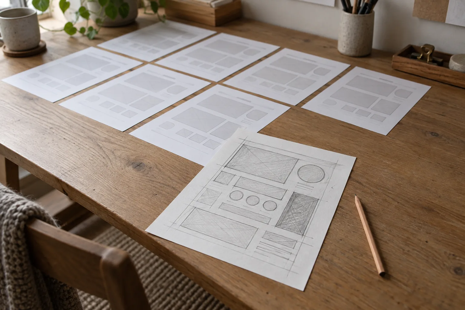 Identical printed wireframes laid in a grid, with one sheet pulled forward and sketched differently.
