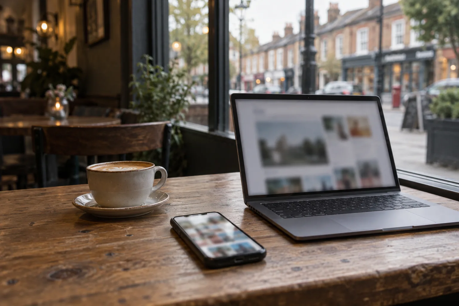 A phone showing a social feed beside a laptop showing a website, on a café table.