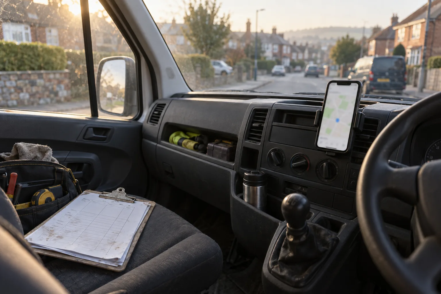 A van dashboard with a phone showing a map search and a clipboard of job sheets on the seat.