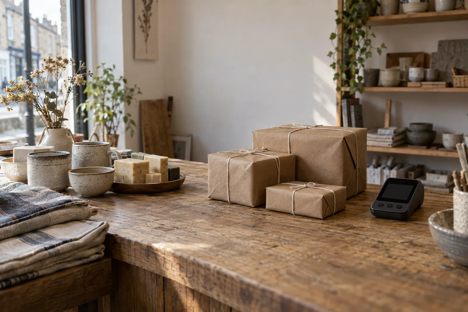 A small shop counter with handmade products and brown paper parcels ready to post.