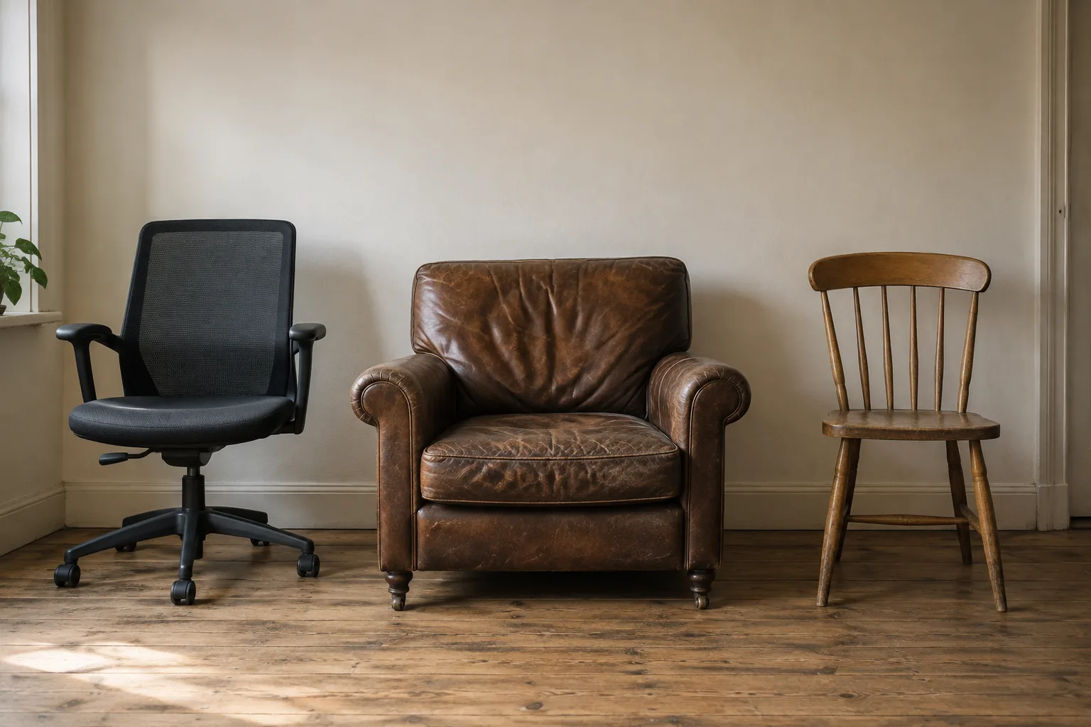 Three different chairs side by side: an office chair, a leather armchair and a wooden chair.