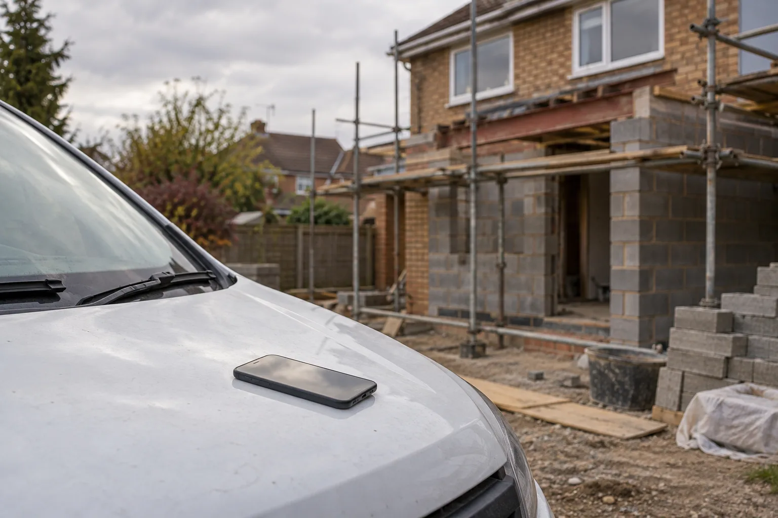 A builder's van beside a house extension under construction, with a phone on the bonnet.