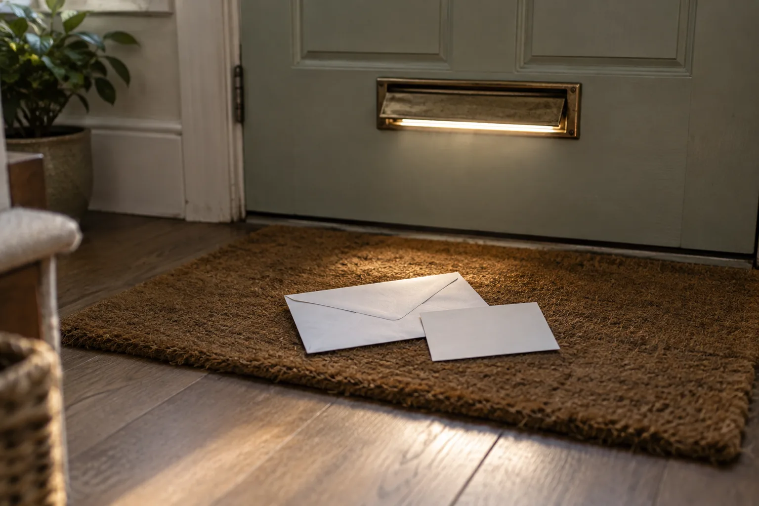 Two blank white envelopes on a coir doormat inside a front door, lit through the letterbox.