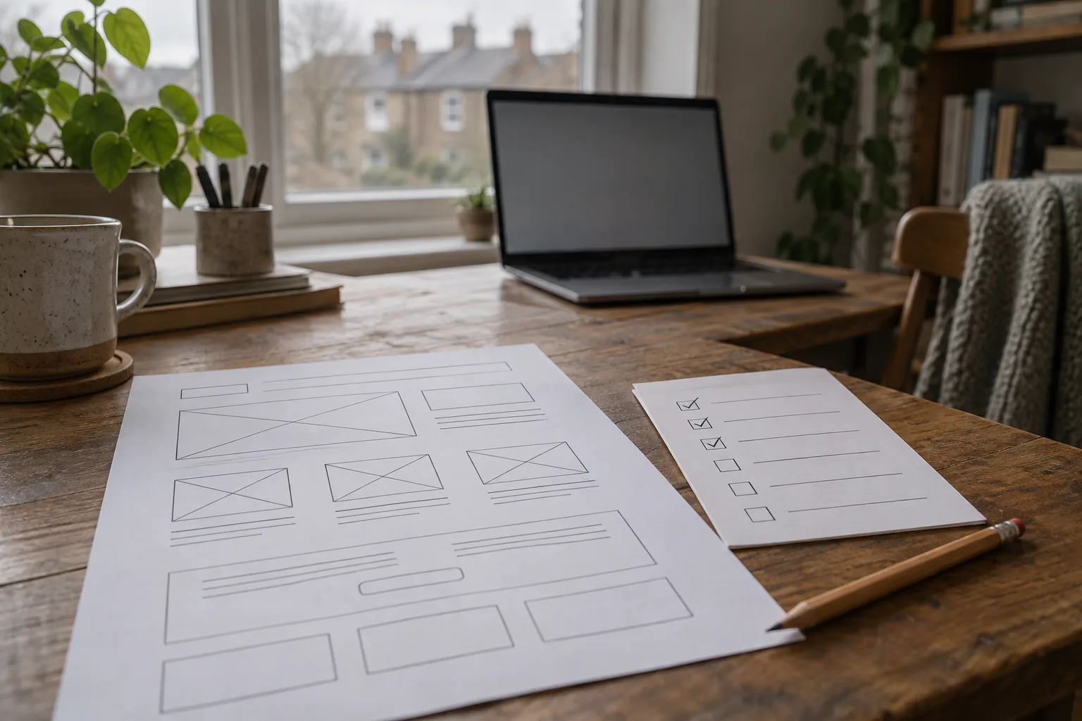 A printed landing page wireframe beside a handwritten checklist and a pencil.