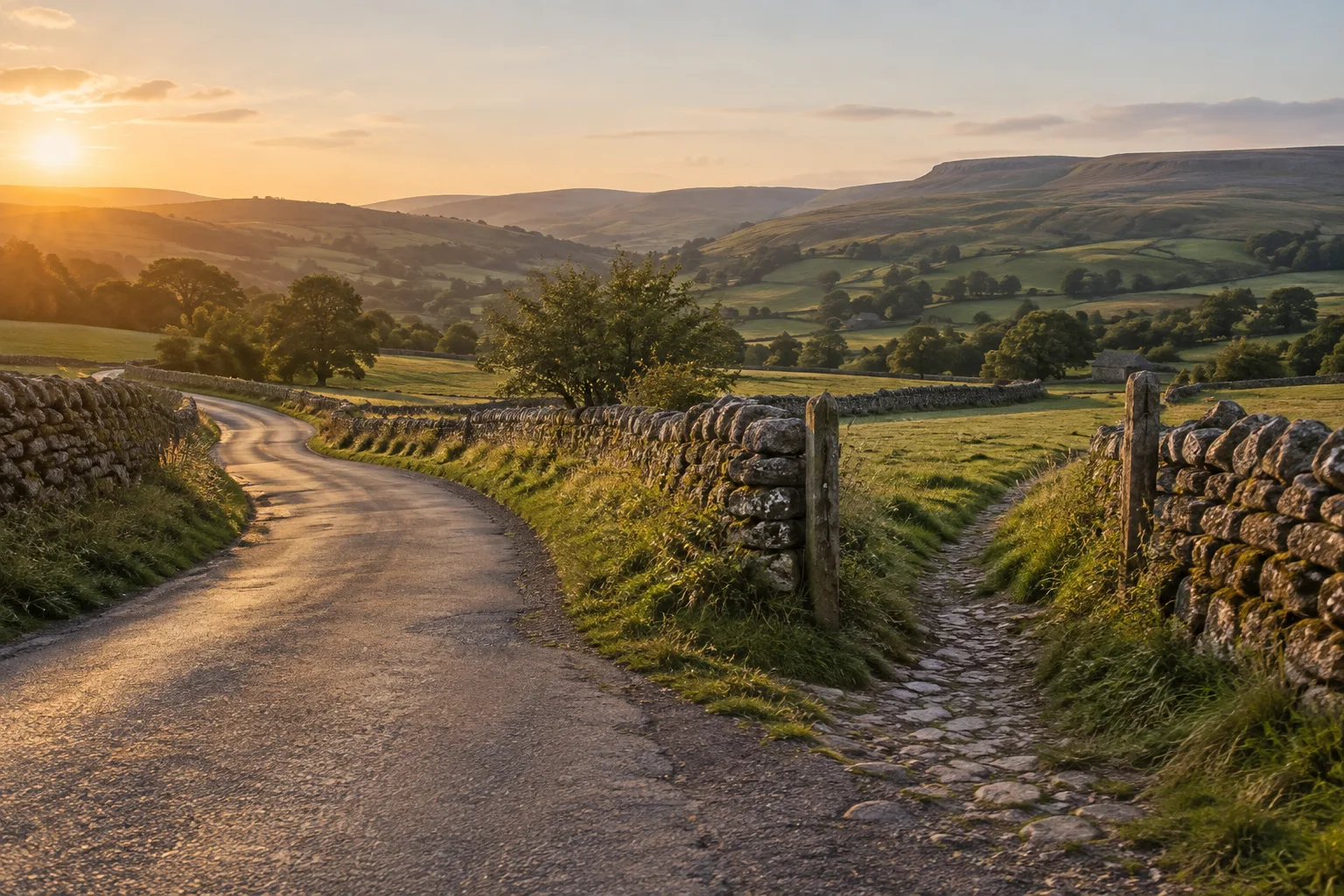 A road and a stone-walled footpath diverging on a Yorkshire hillside at golden hour.