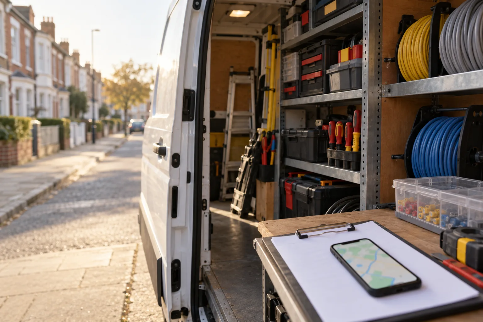 An open van on a terraced street with racked tools and cable reels, and a phone showing a map on a clipboard.