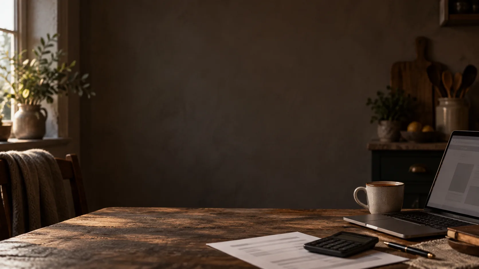 A kitchen table in warm evening light with a paper quote, a calculator, a pen, a mug and an open laptop.