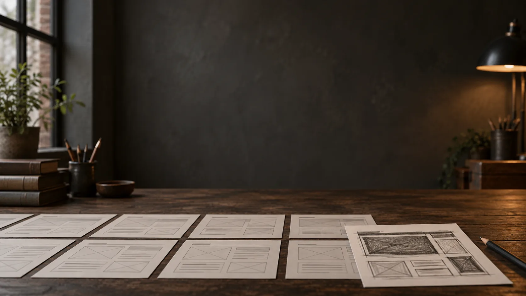 Rows of identical printed wireframe sheets laid across a dark wooden desk, with one different sheet pulled out to the right.