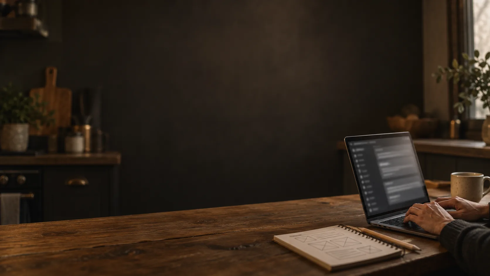Hands typing on a laptop with a blurred chat window at a kitchen table, a notebook of page sketches and a mug beside it.