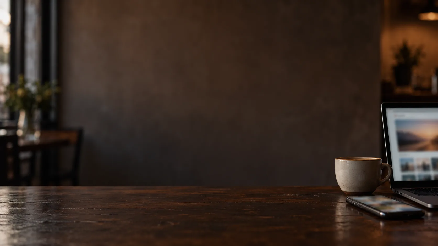 A dark café table with a phone, a coffee cup and the edge of an open laptop, window light falling across a plain wall.