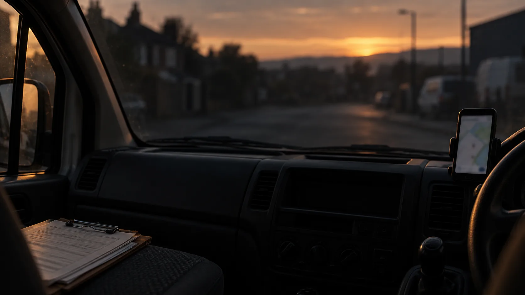 The inside of a van at dawn, a phone in a dashboard holder and a clipboard of job sheets on the seat, a street and sunrise through the windscreen.