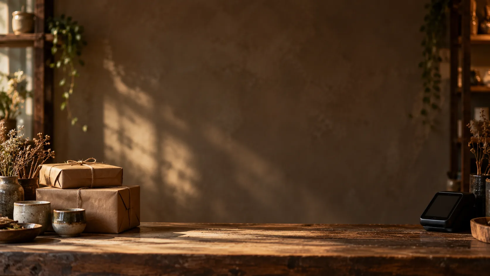 Brown paper parcels tied with string on a shop counter in low sunlight, beside a card reader and a few small products.