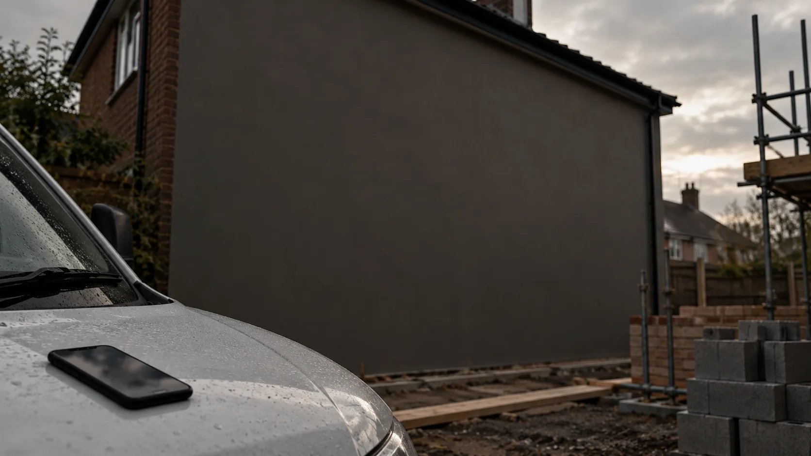 A phone resting on the bonnet of a van parked beside a new house extension, with scaffolding and blockwork to the right.