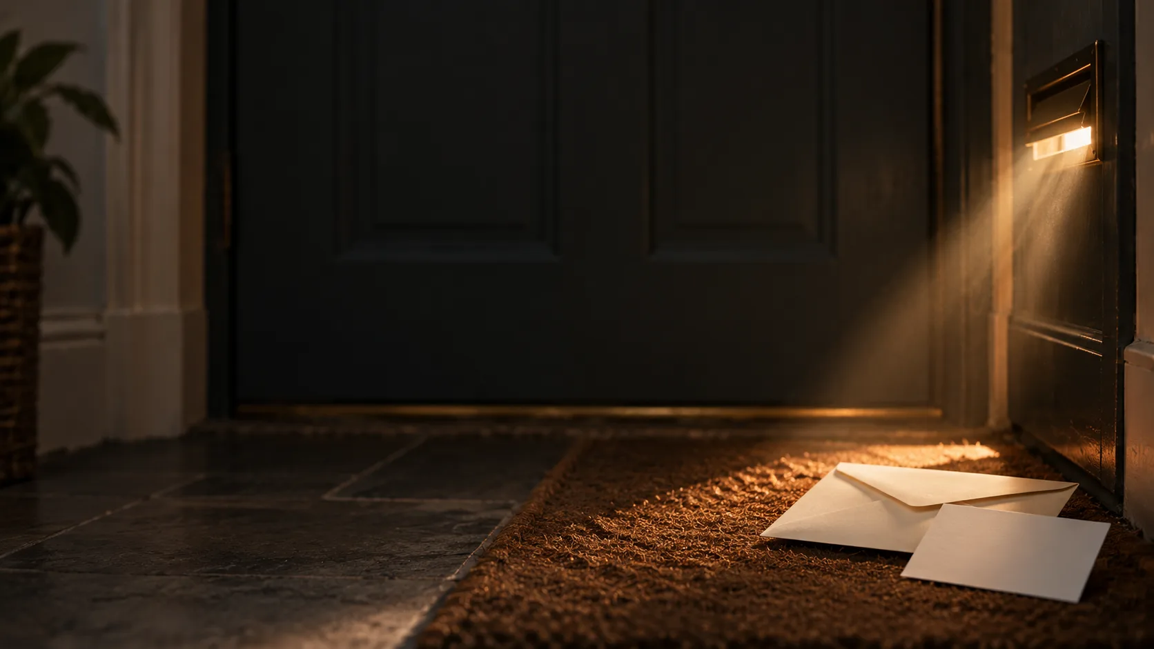 Two blank envelopes on a doormat inside a dark front door, lit by a beam of light through the letterbox.