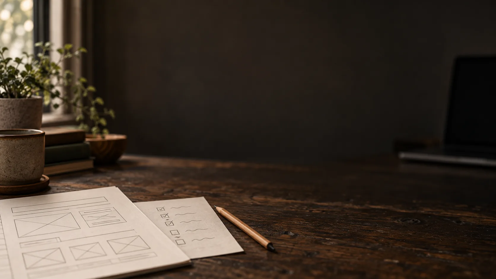 Printed landing page wireframes and a pencil on a dark wooden desk, with a closed laptop in the shadows behind.