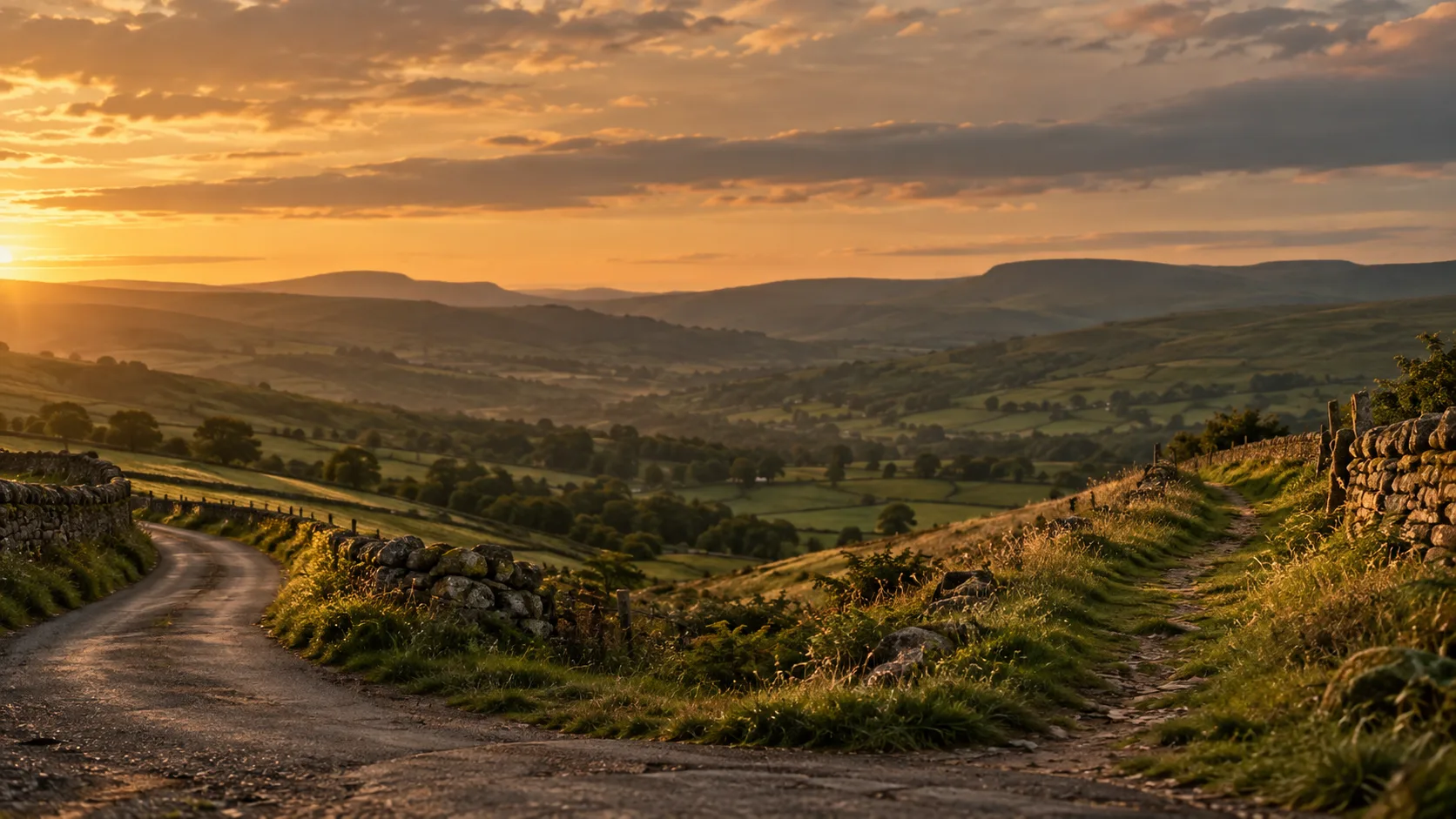 A lane and a stone-walled footpath dividing across a Yorkshire hillside at golden hour, with hills fading into the distance.