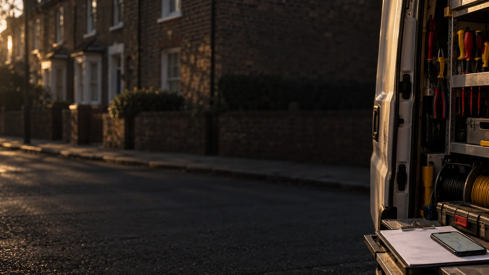 A quiet terraced street at dawn, with the edge of an open tool-filled van and a phone on a clipboard.