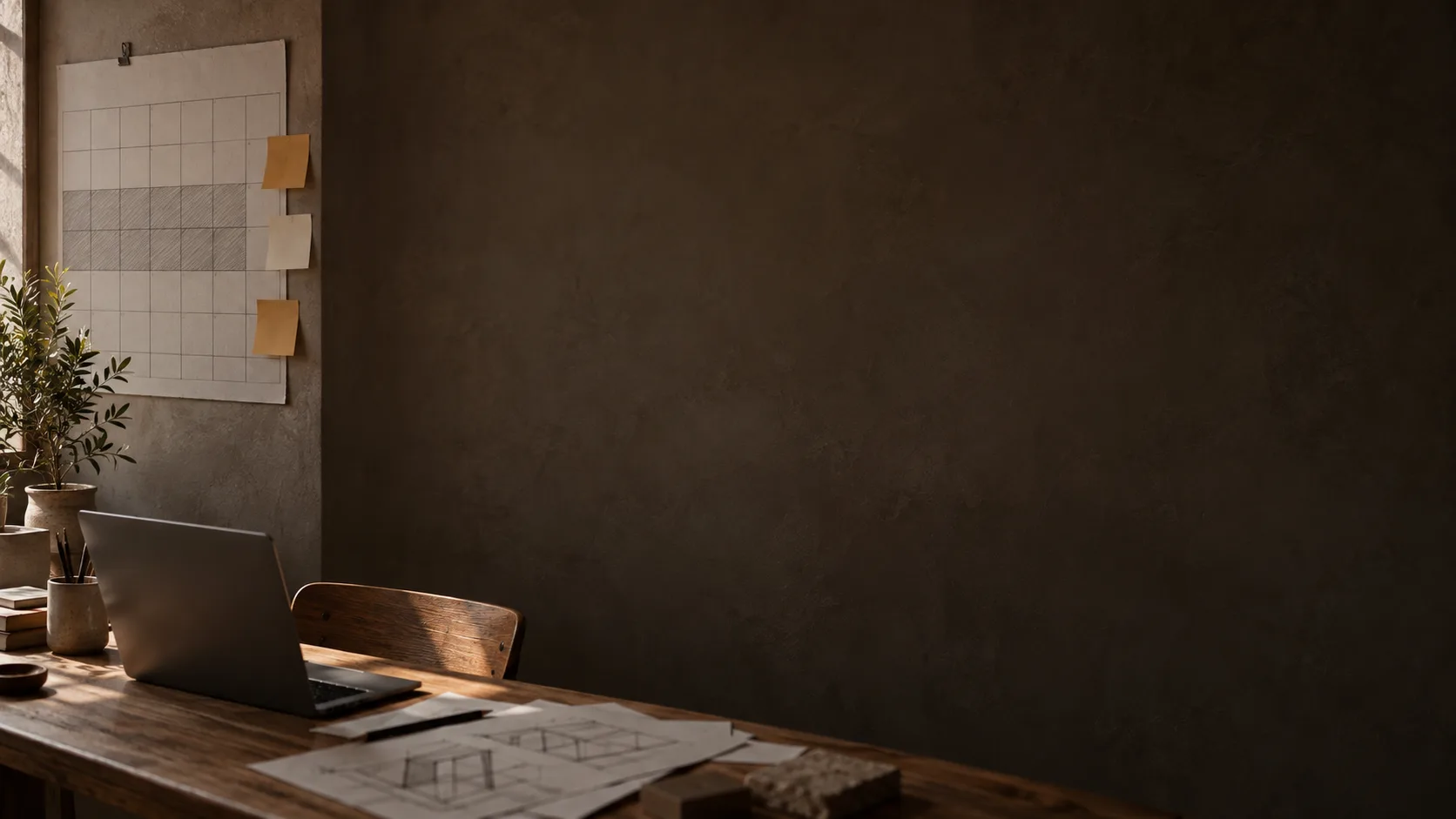 A wall planner with sticky notes above a desk holding a laptop and loose sketches, in soft side light.