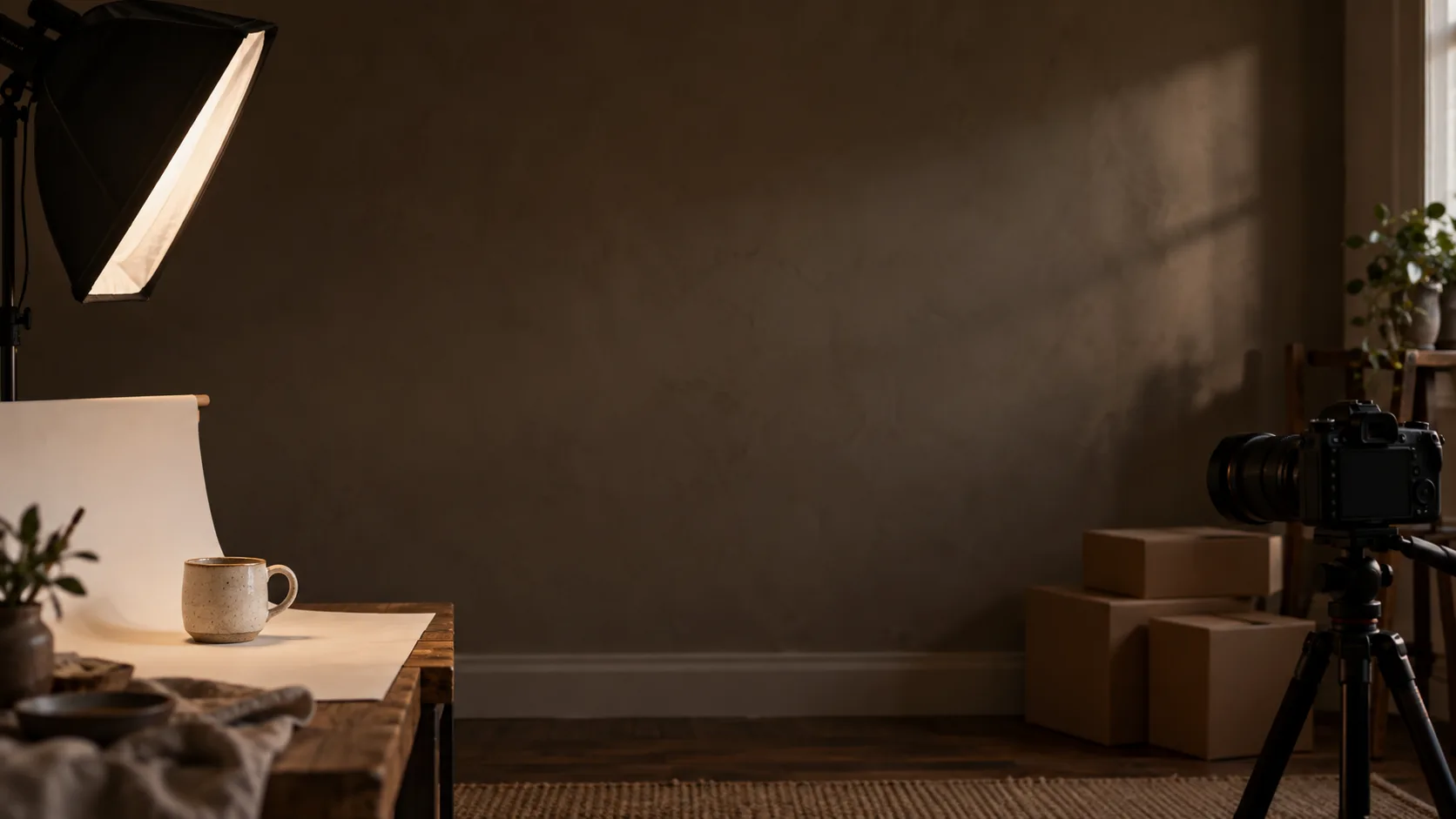 A home product photography set-up: a white paper backdrop with a mug, a softbox light, a camera on a tripod and stacked parcels.