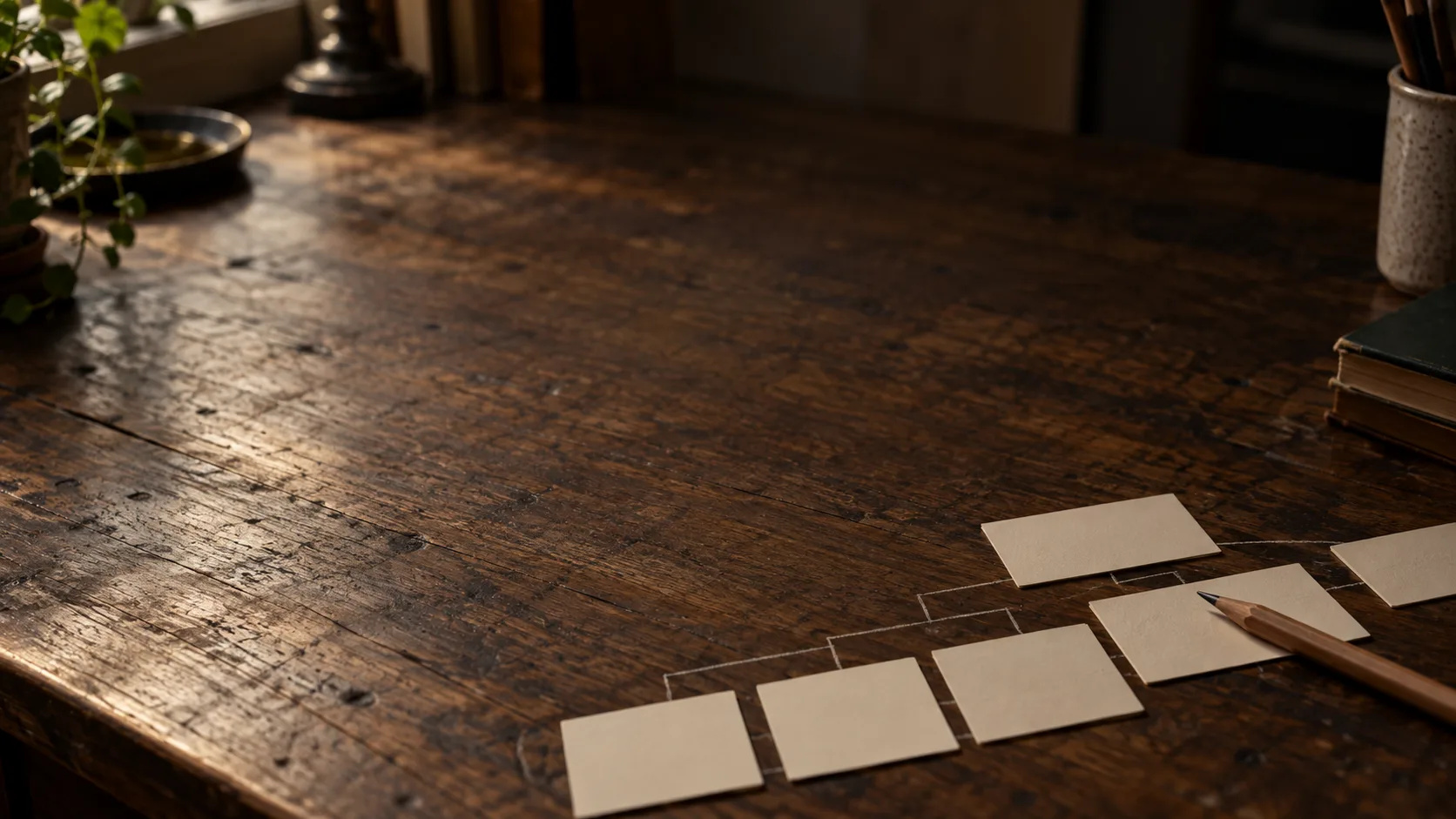 Blank index cards laid out as a simple tree on a worn wooden desk, joined by fine pencil lines, with a pencil resting beside them.