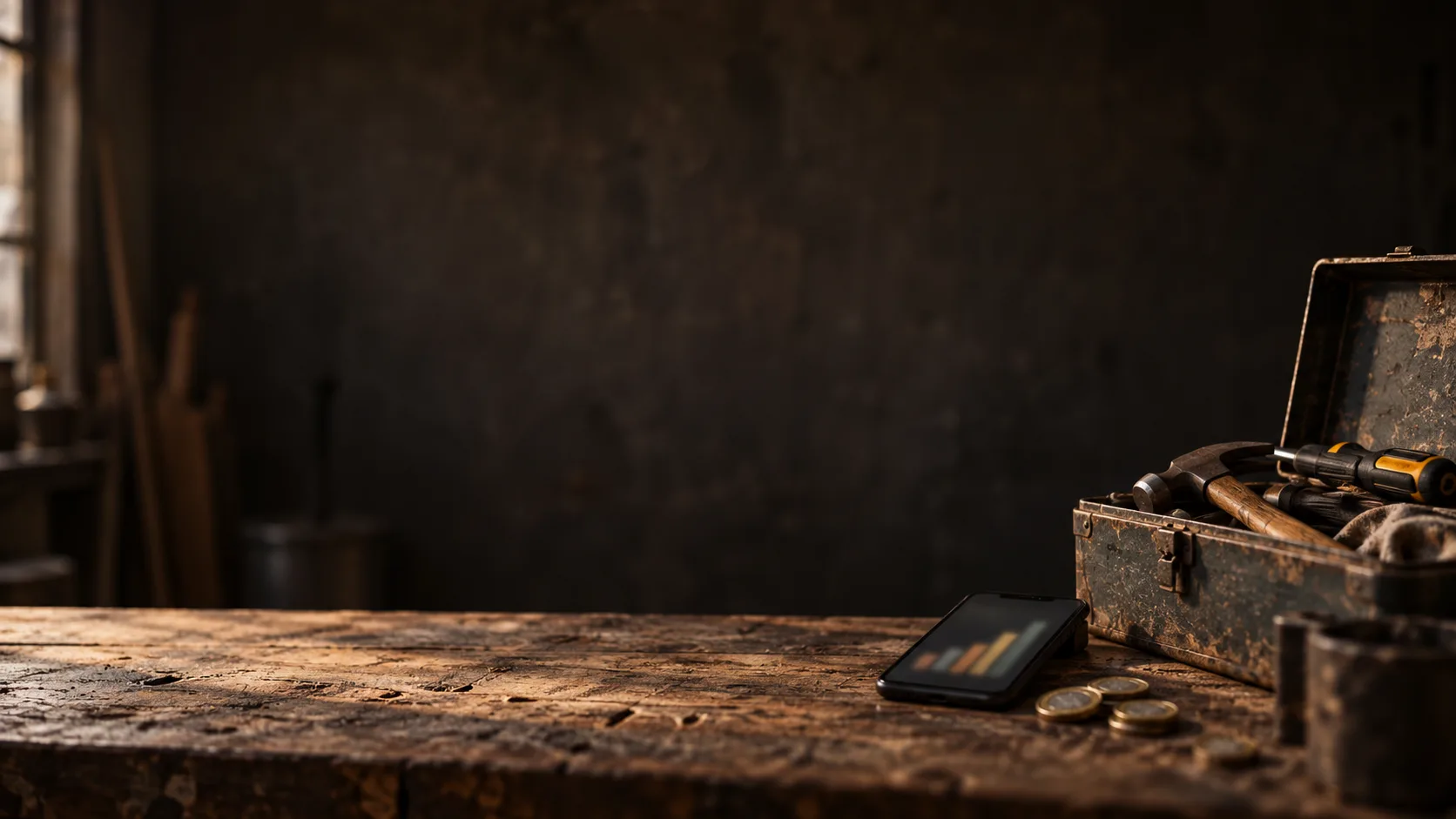 An open toolbox on a workshop bench beside a phone and a few coins, in the corner of a dim workshop.