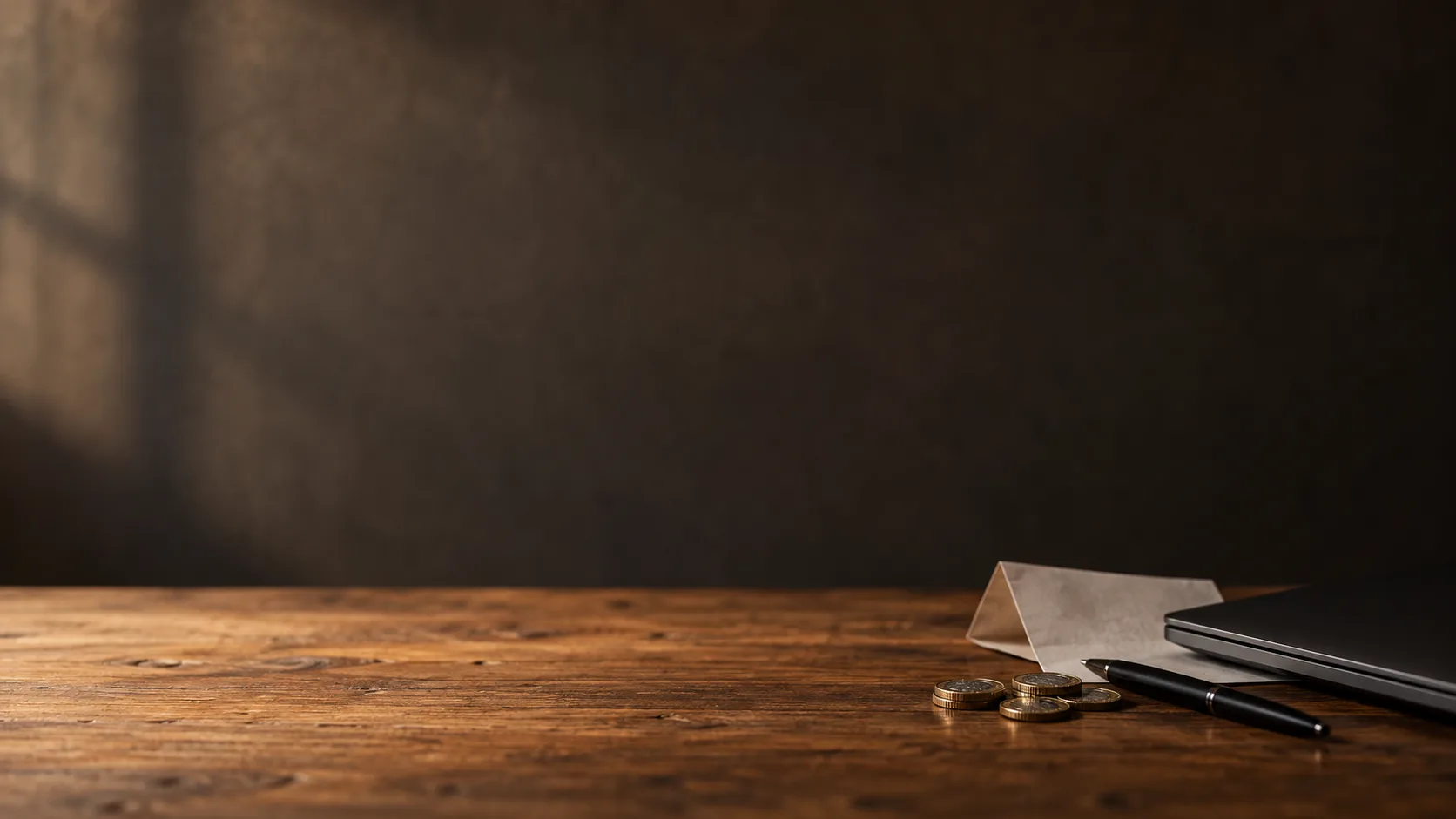 A few coins, a folded sheet of paper, a pen and a closed laptop on a warm-lit wooden desk against a plain wall.