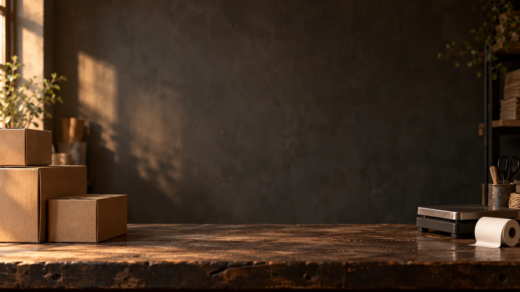 Stacked cardboard boxes, a parcel scale and a roll of receipt paper on a small business packing bench in low light.