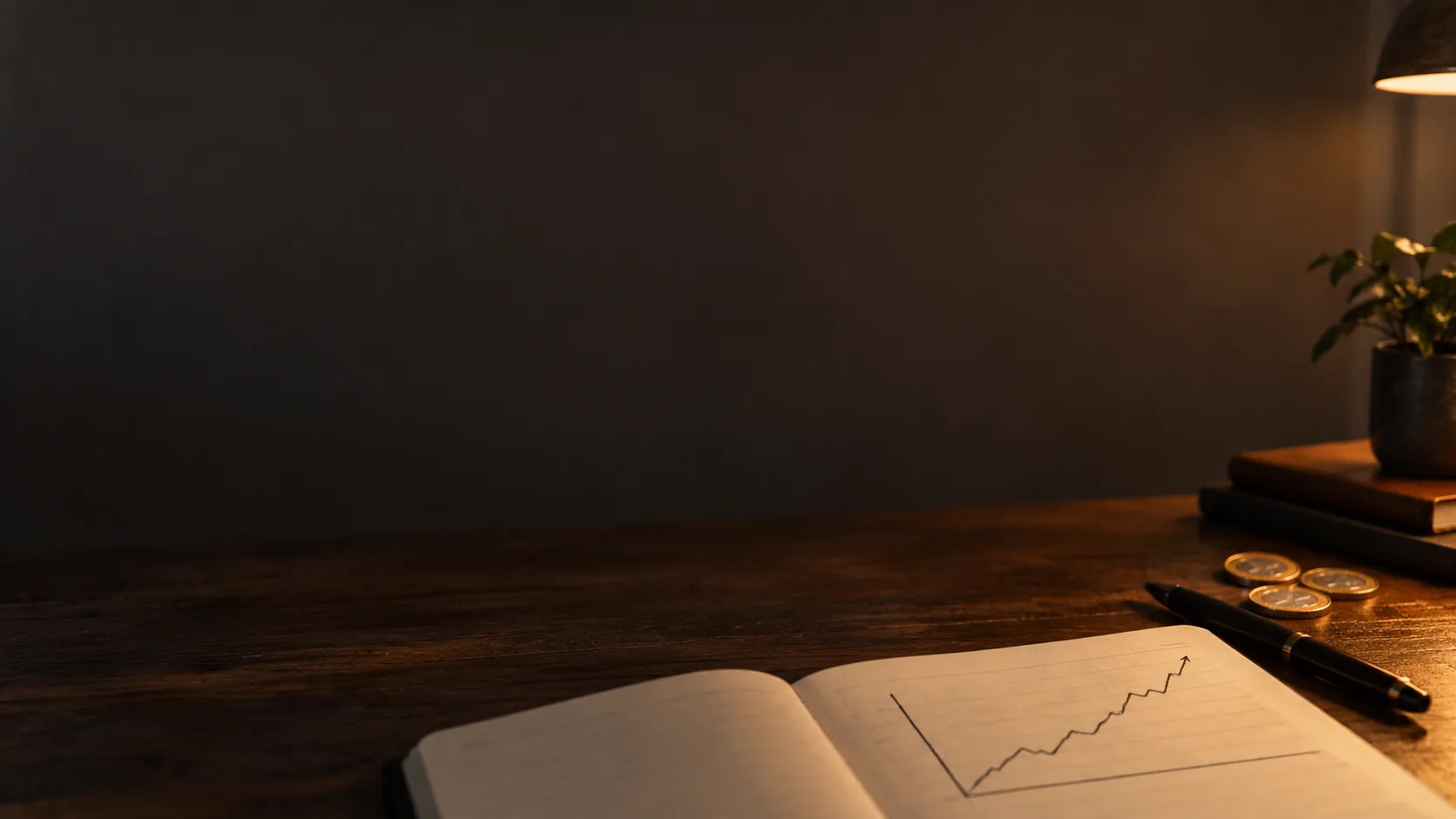 An open notebook with a hand-drawn rising line, a pen and a small pile of coins on a desk under a lamp.