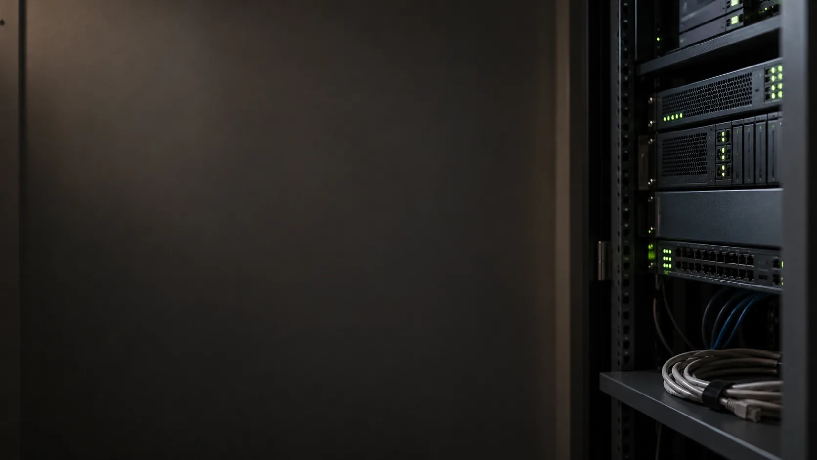 A rack of server hardware with small green status lights and a coiled network cable, beside a dark plain wall.