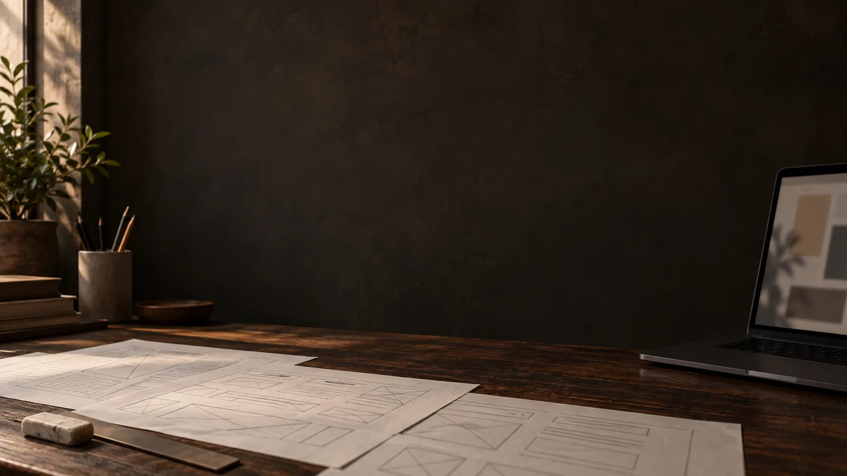Pencil sketches of web page layouts spread across a desk, with a ruler, an eraser and an open laptop to the right.