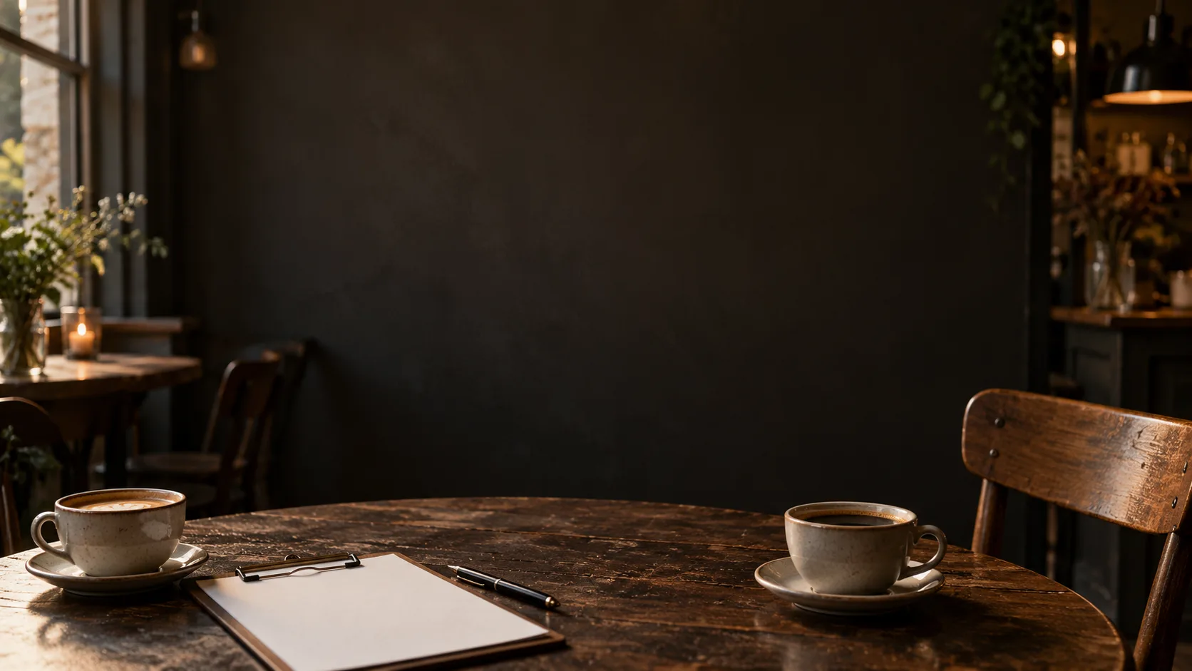 A clipboard and pen on a round café table between two cups of coffee, in warm window light.