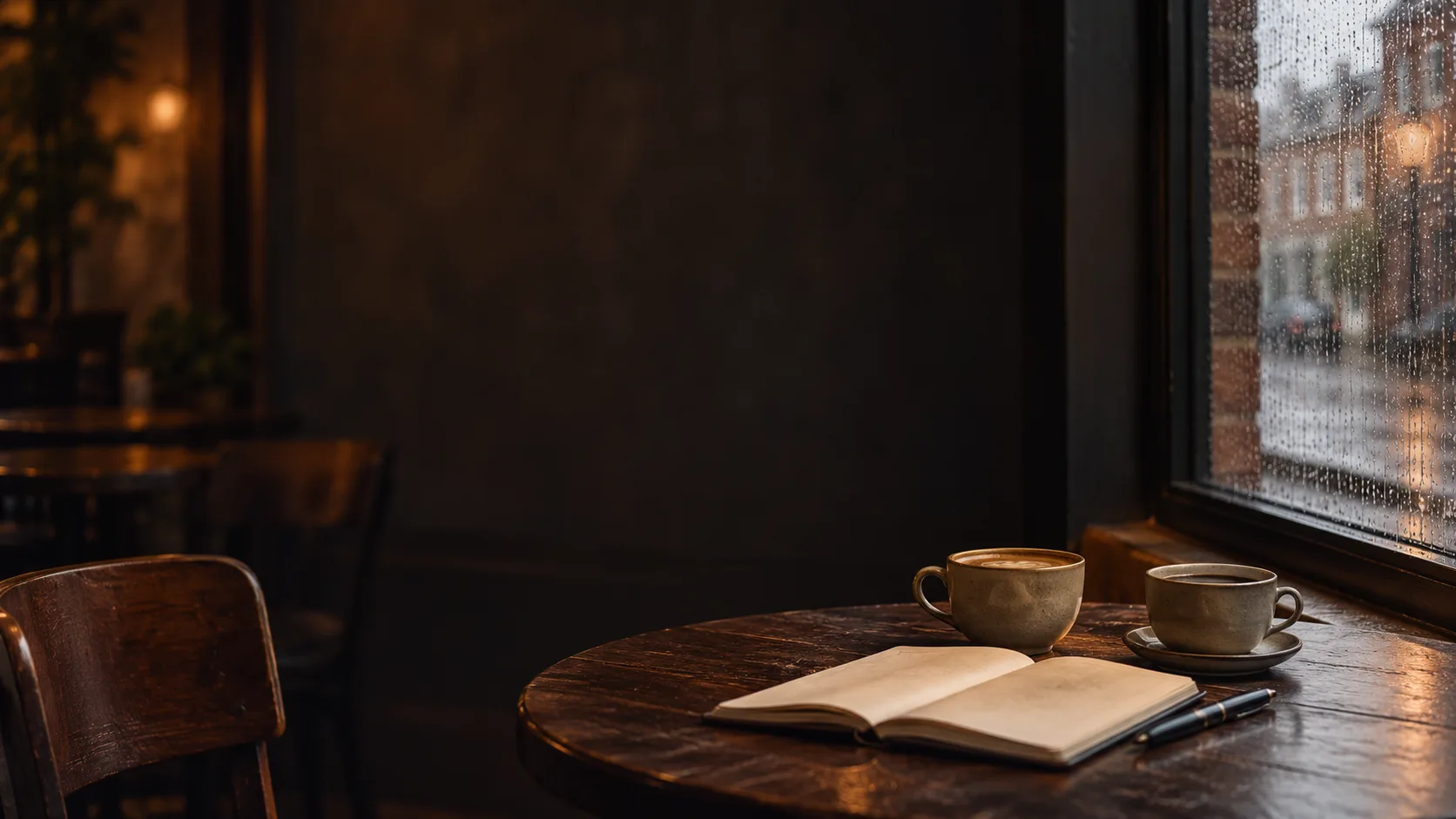 A dark cafe with two coffees and an open notebook on a round table by a rainy window.