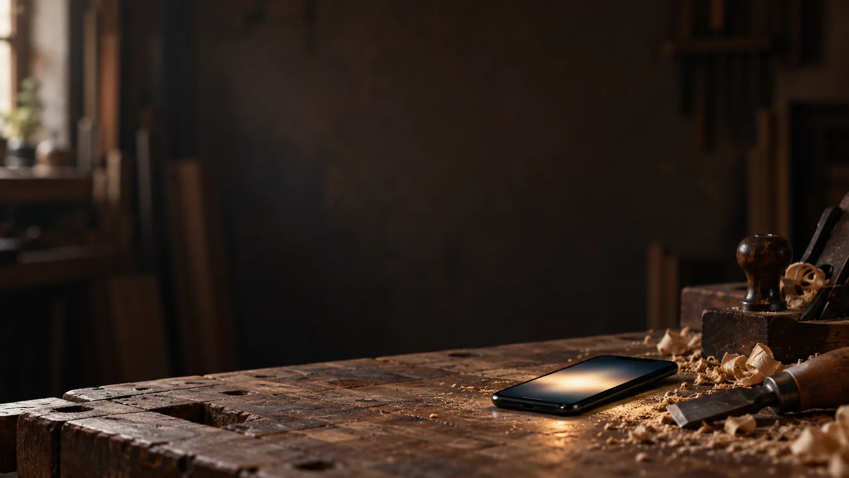 A phone with a glowing screen lying on a sawdust-covered workshop bench beside hand tools.
