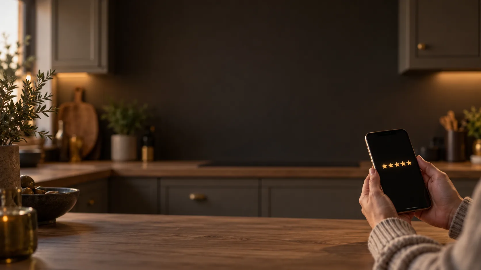 Hands holding a phone showing five gold stars at a kitchen counter in a newly fitted kitchen.