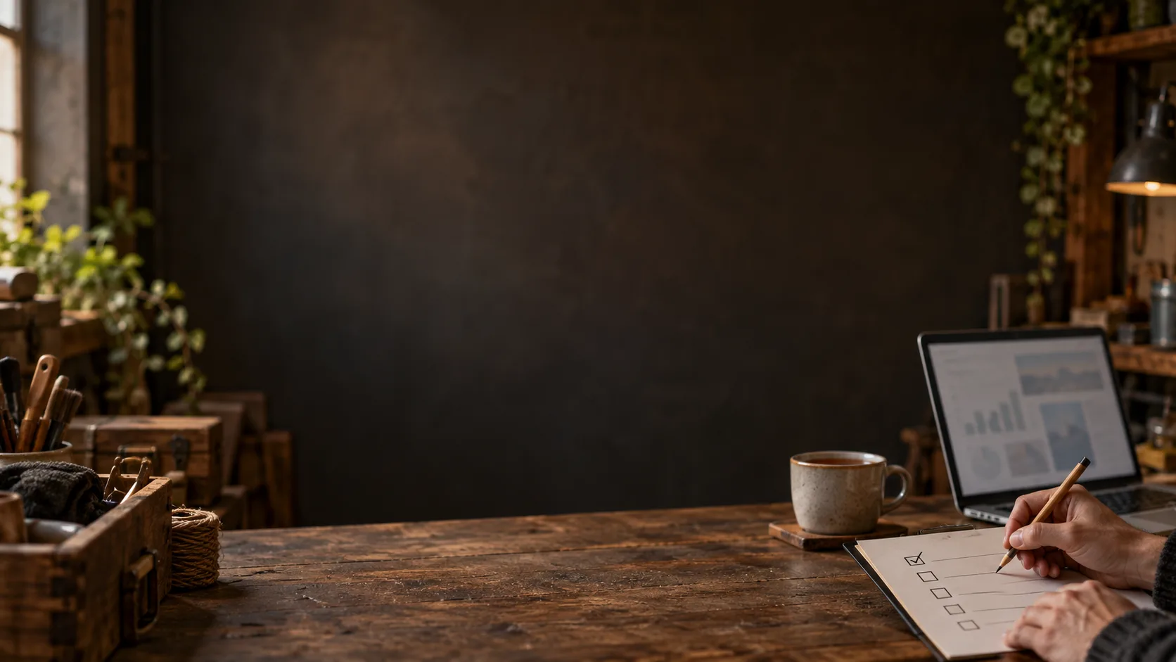 A hand ticking boxes on a printed checklist beside a mug of tea and a laptop showing a blurred chart.