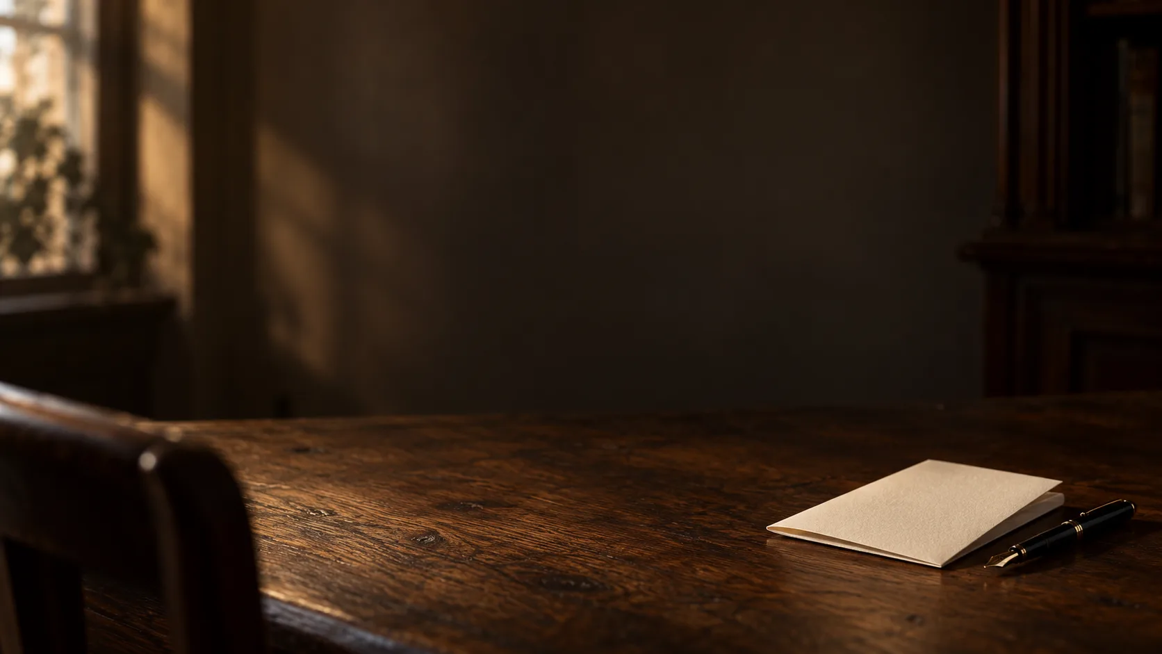 A folded sheet of paper and a fountain pen on an otherwise empty oak table, lit from a window on the left.