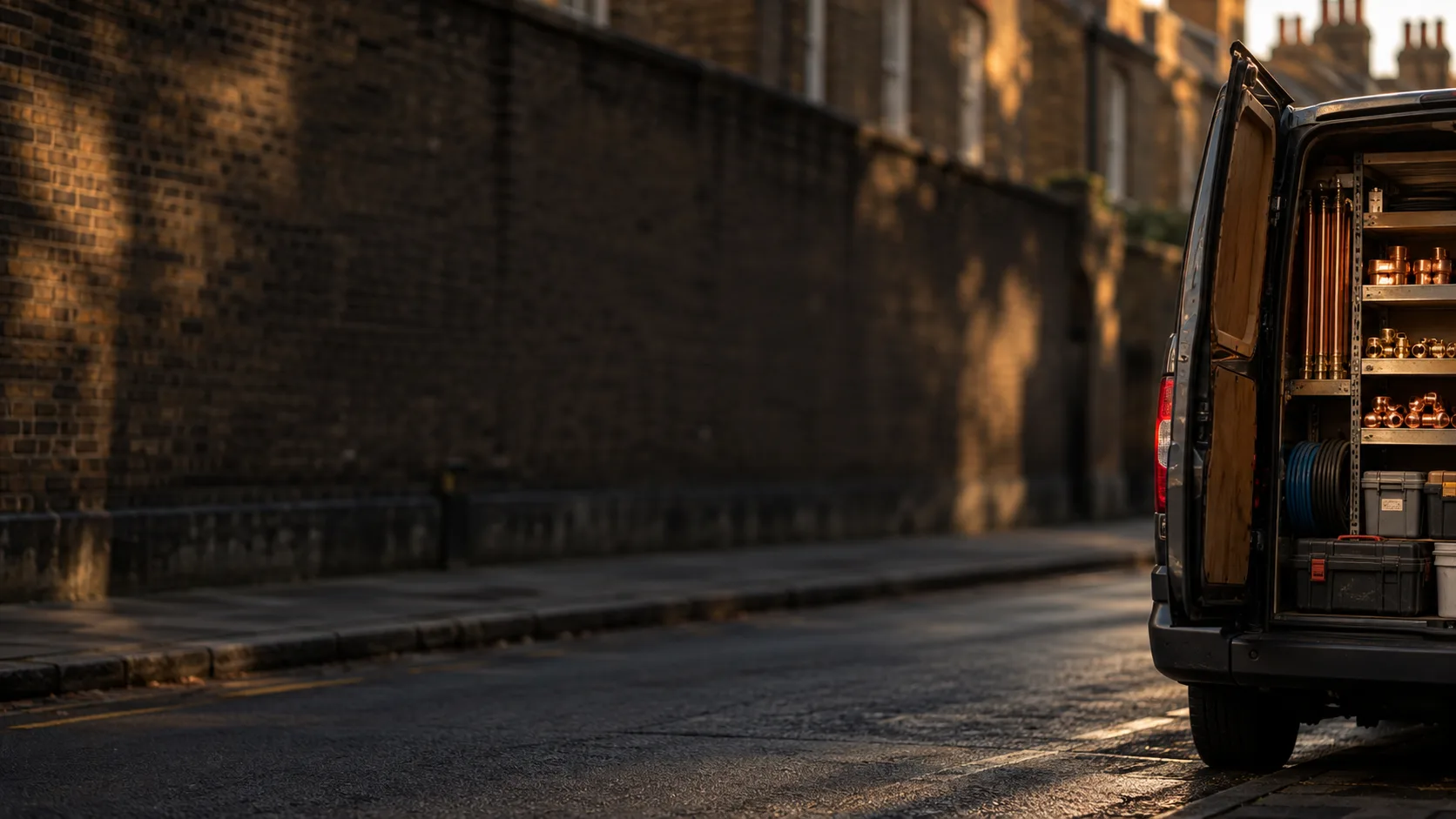 A trade van parked on a quiet brick-lined street in the early morning, its back doors open onto racked parts.