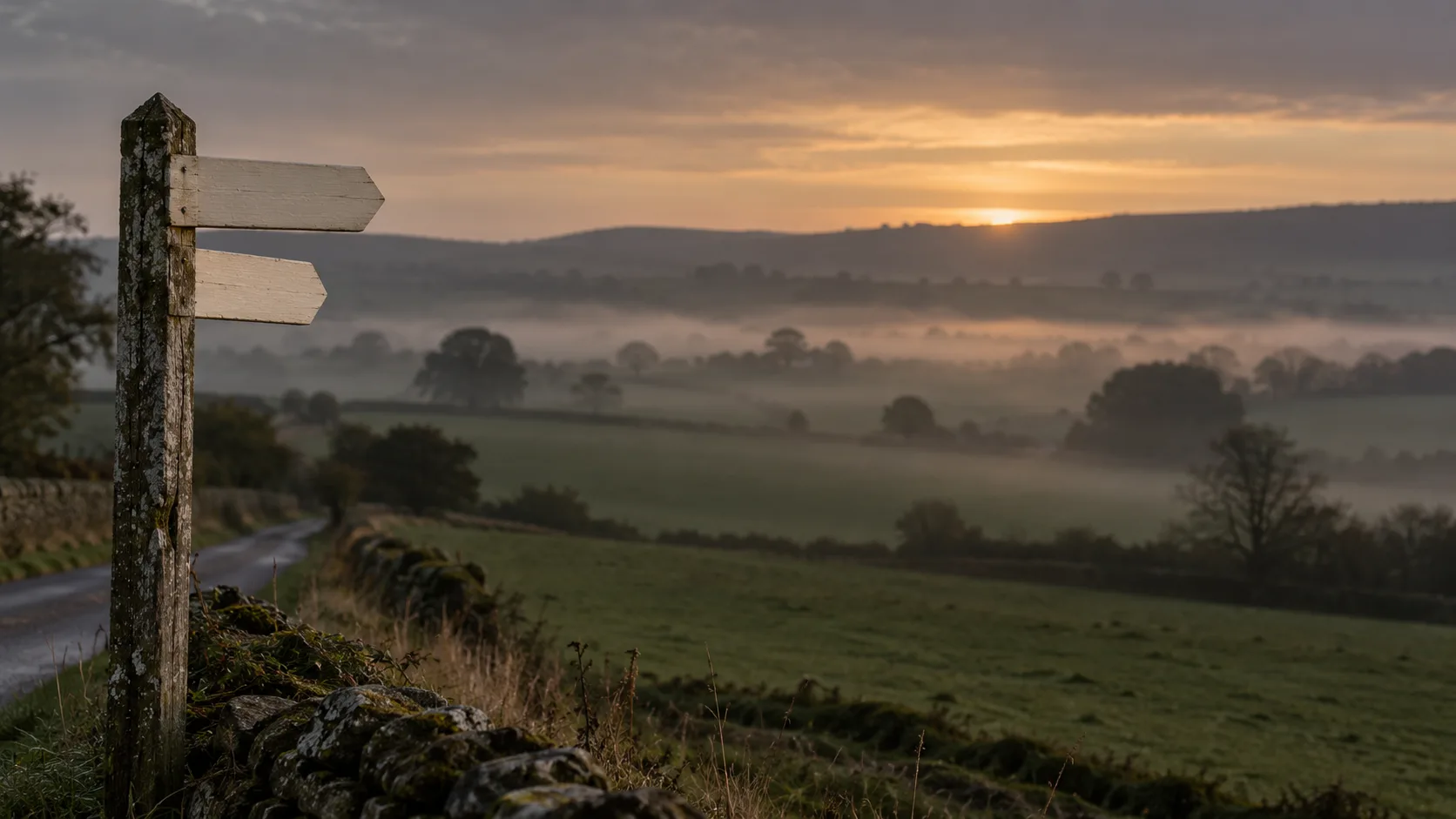 A wooden fingerpost with blank arms beside a lane at sunrise, mist lying over fields and hills behind.