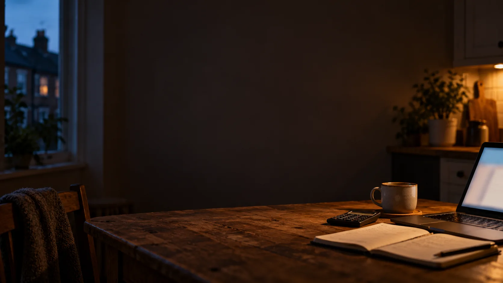 A dim kitchen with a notepad, calculator, mug and laptop on a wooden table by the window.